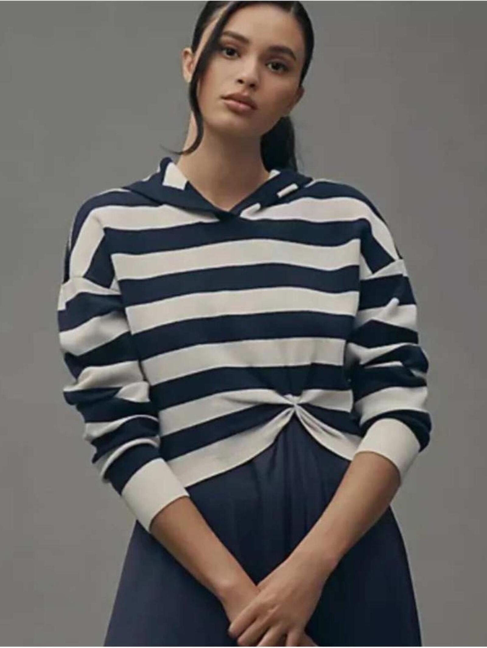 New Anthropologie $188 Small Gemini Hoodie Navy White Striped Soft Boxy Cropped